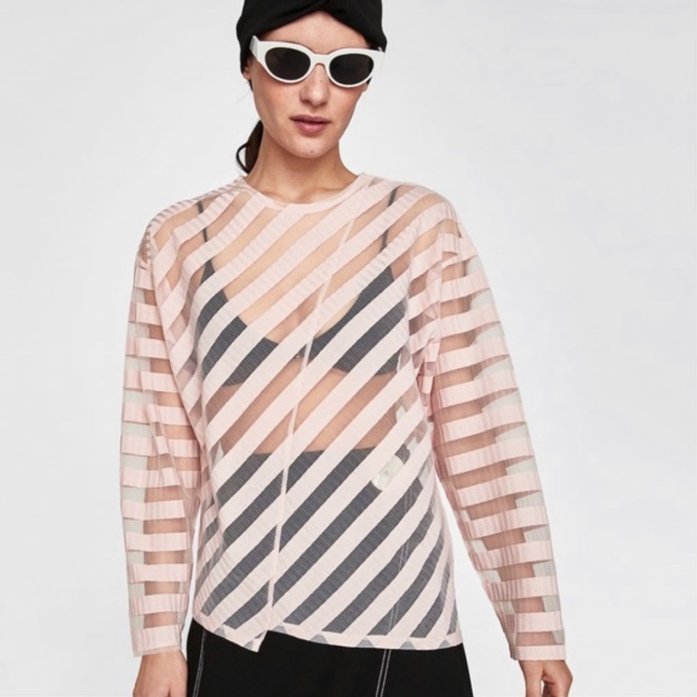 Zara, sheer blouse w/ diagonal stripes